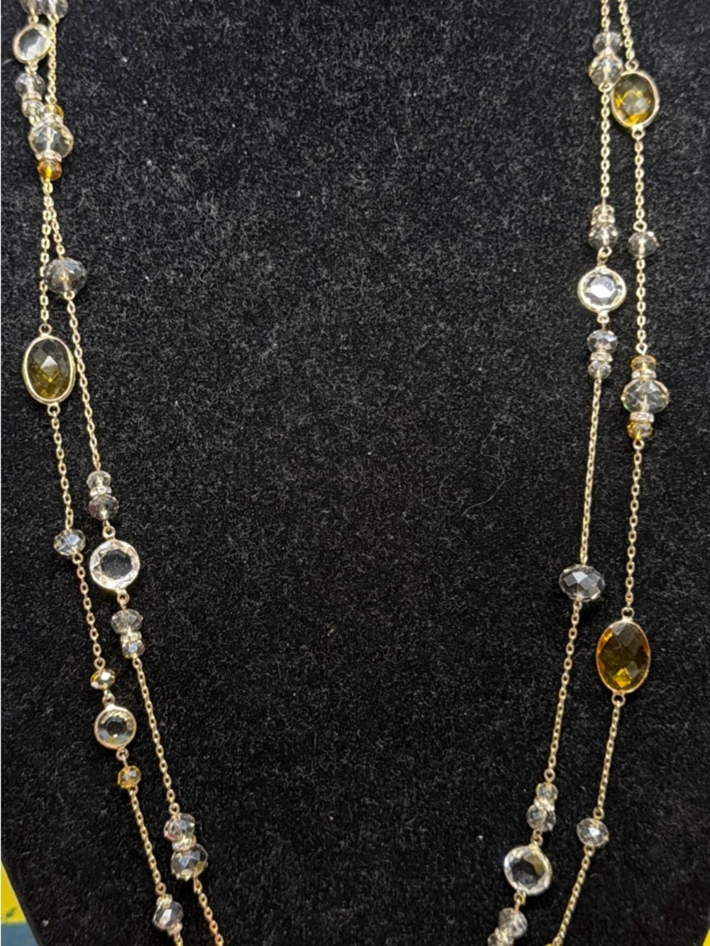 WHBM Gold Tone Glass Bezel Long Crystal Necklace - Elegant Clear and Amber Beads